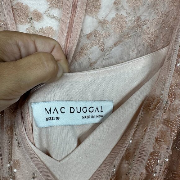 Mac Duggal Embellished Wrap Over Illusion Long Sleeve A Line Gown 16 Peach #8205 - Picture 6 of 8